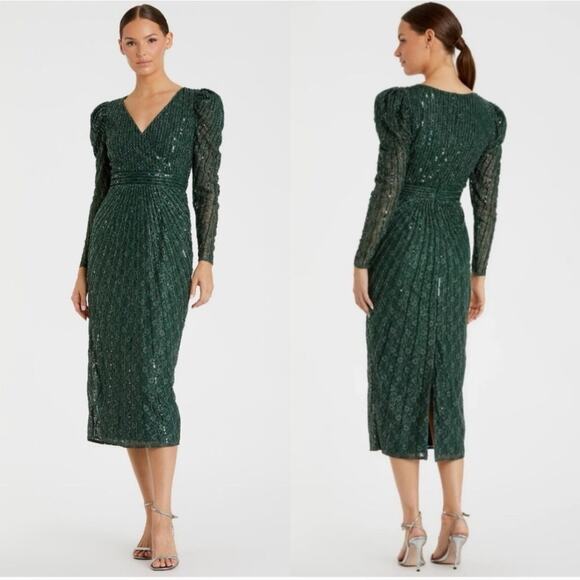 Mac Duggal 93676 Beaded Lace Long Sleeve Formal Gown Dress Green Size 0 - Picture 1 of 10